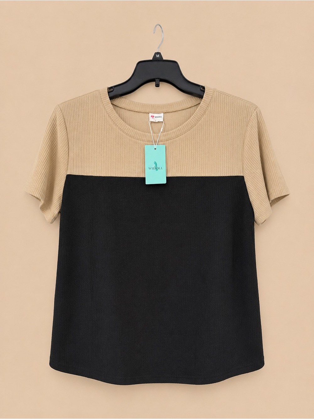 Women’s Two-Tone Beige and Black Short Sleeve Top